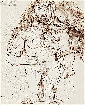 Pablo Picasso, Homme nu debout et trois têtes, 1966, 61 x 50 cm